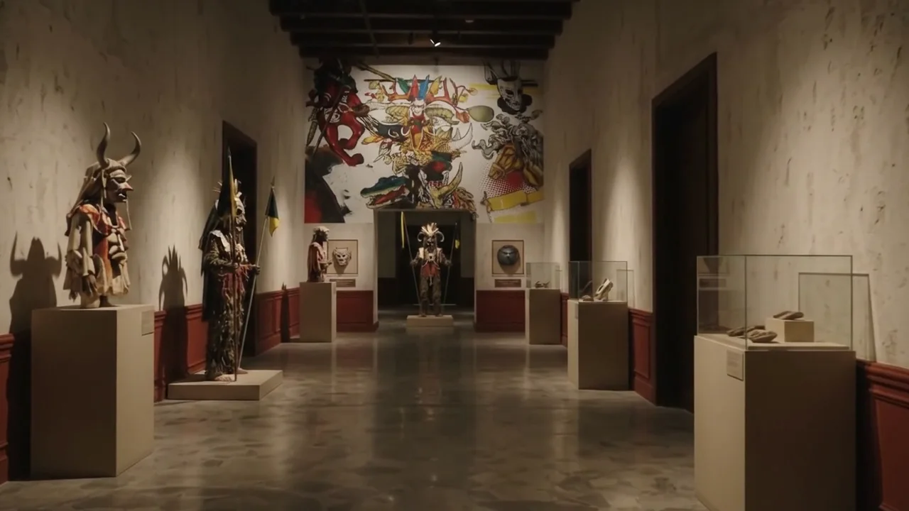 Grand hall of the museum with the figures of the cuadrillas and a mural at the back