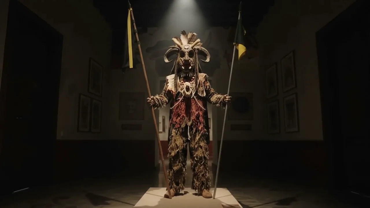 A full Cachacero costume with lances, displayed on a pedestal under an overhead light