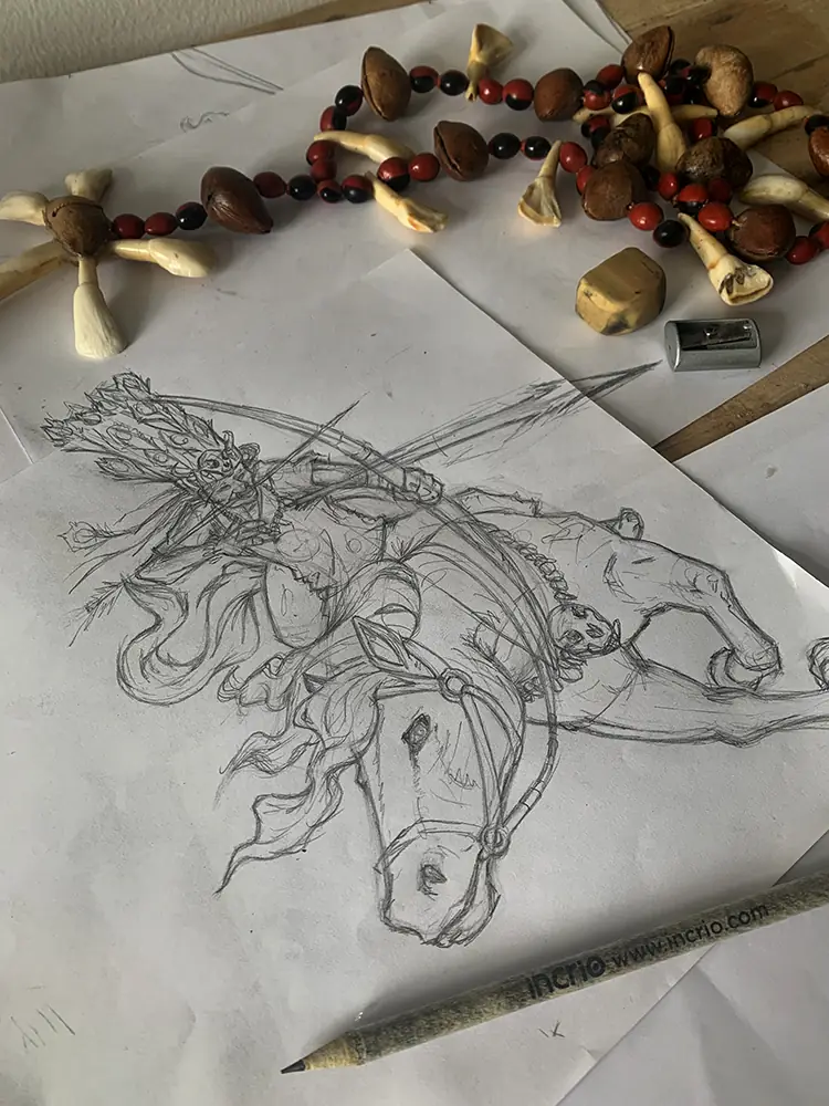 Boceto a lápiz del jinete guahibo sobre una mesa, junto a semillas, dientes de fauna y un lápiz