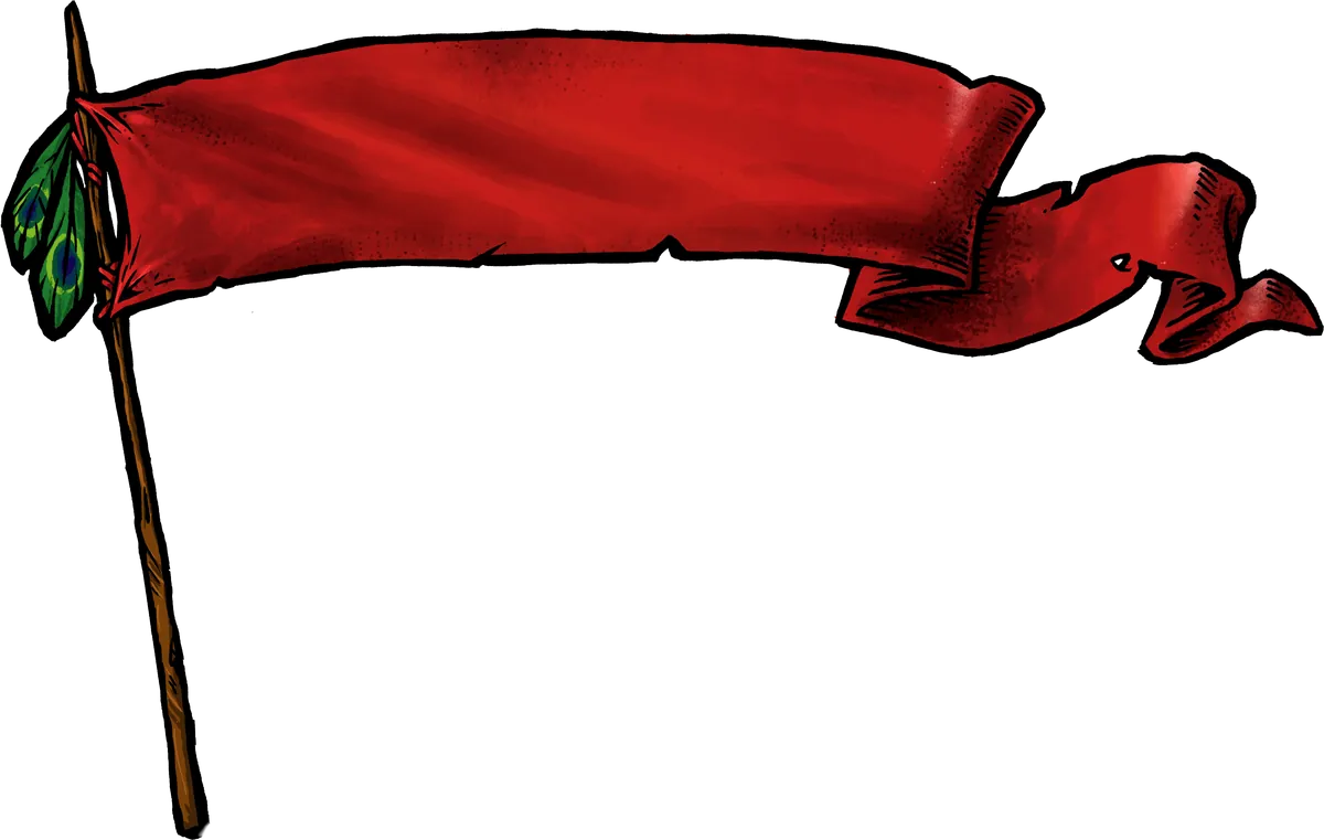 Banderín rojo de los Guahibos con dos plumas verdes atadas a la asta