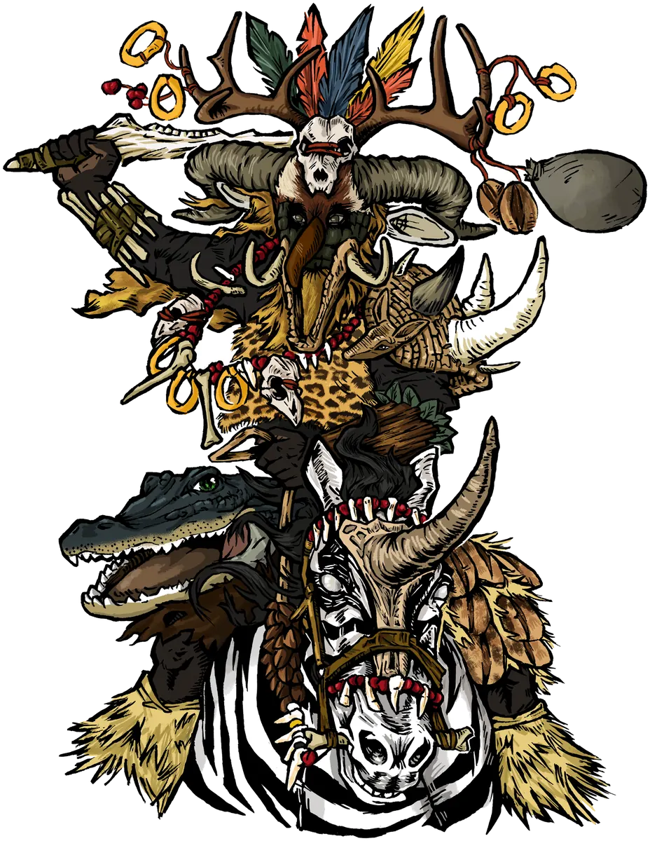 A Cachacero rider with antlers, skulls, feathers and a caiman, on a striped mount