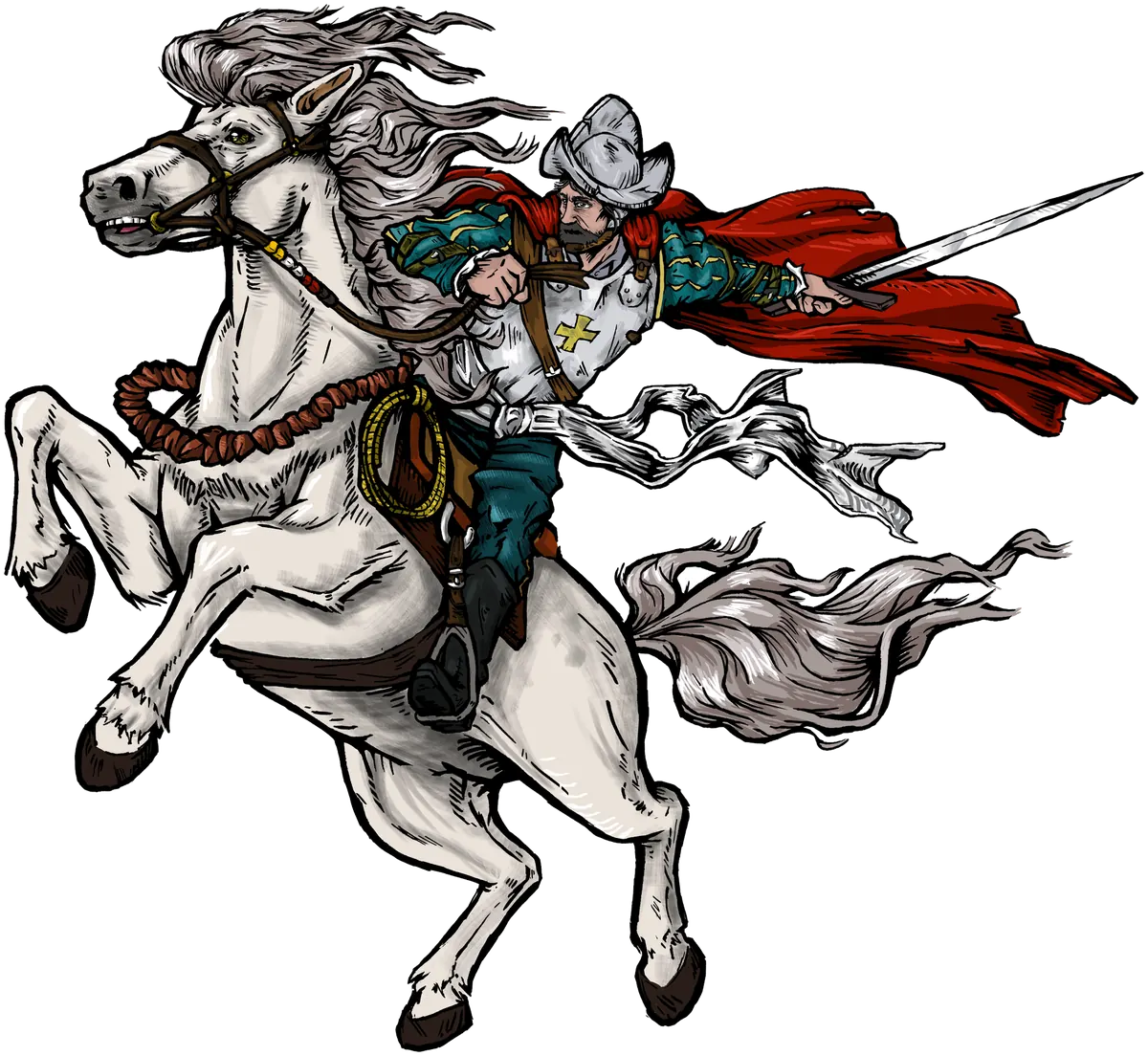 A Galán rider in a red cape, with a sword, on a white horse rearing on its hind legs