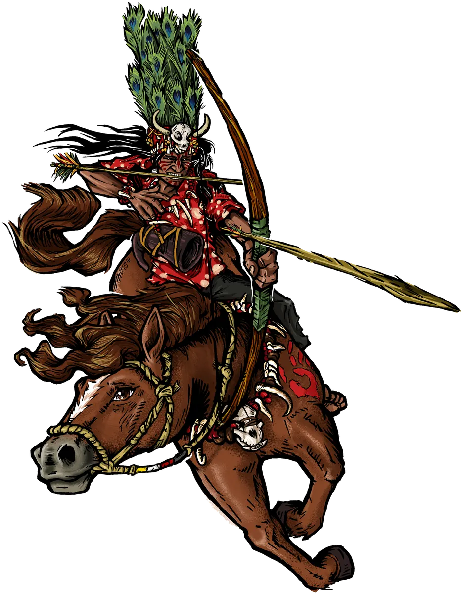 A Guahibo rider at a gallop, with a peacock-feather headdress, a horned skull and a drawn bow