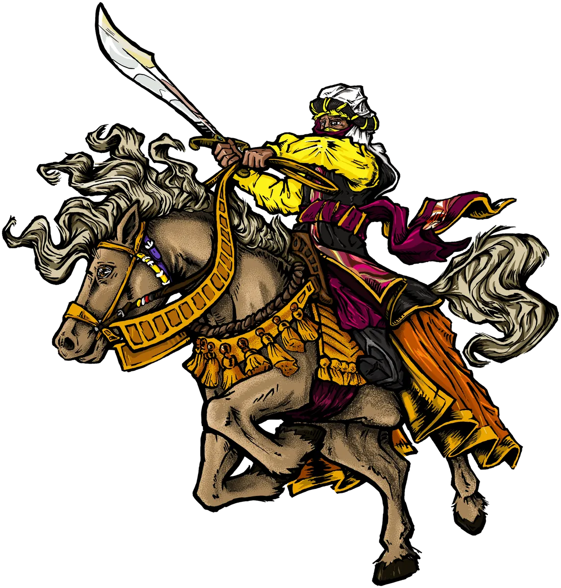 A Moro rider in a turban with a curved sword, on a horse in colorful tack
