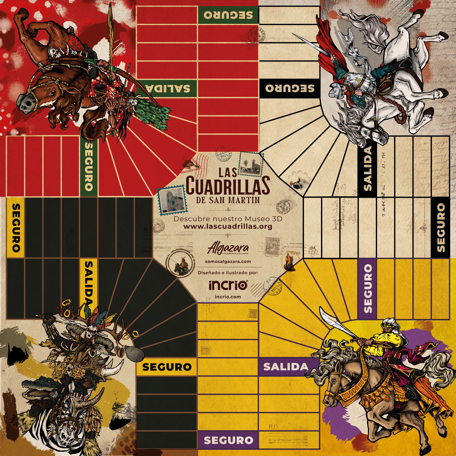 Illustrated parqués board of the Cuadrillas of San Martín, with a rider in each corner