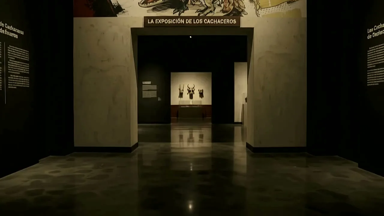 Entrance to the Cachaceros exhibition room: a lit doorway at the end of a dark hall with masks on the wall