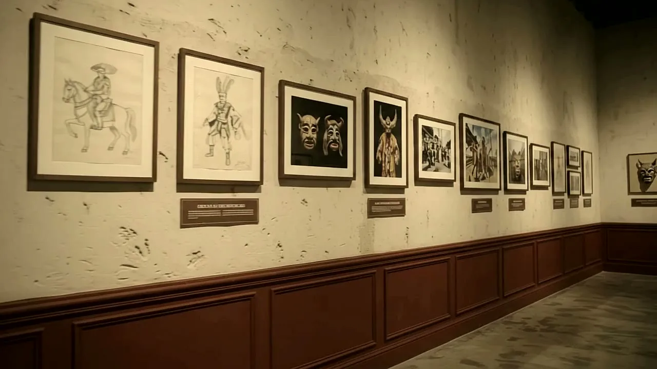 Wall of framed drawings of masks above a red wainscot