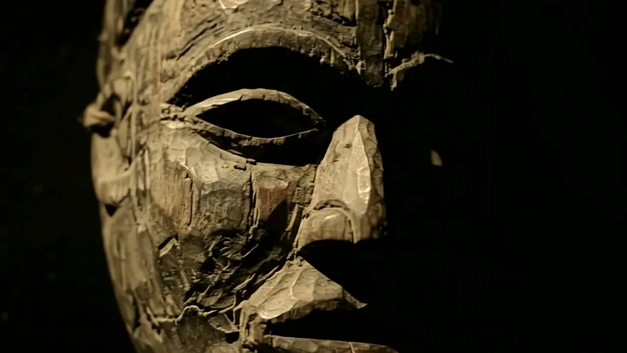 Close-up of a carved wooden mask