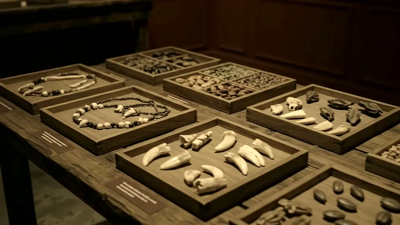 Wooden trays with horns, seeds and pieces of bone