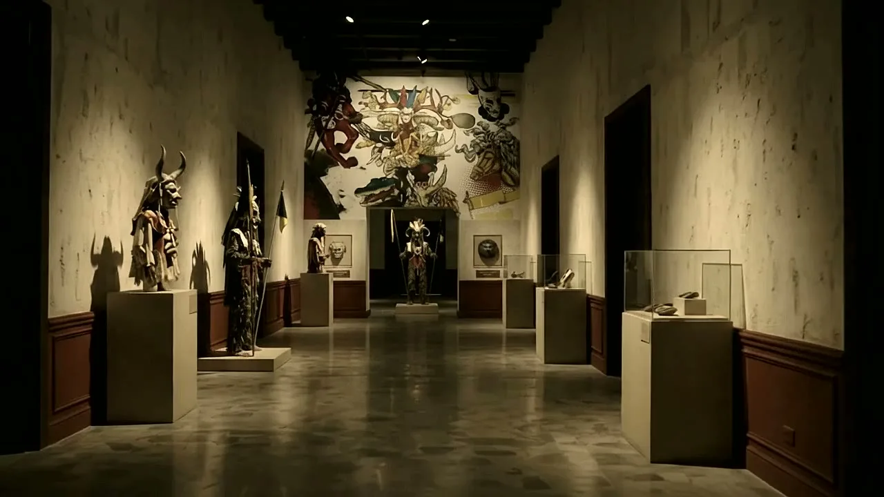 Grand hall with the figures of the cuadrillas and a mural at the back